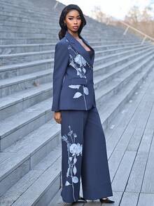 Mima John 优雅刺绣休闲女式西装外套，端庄服装 - 藏蓝色 - 查看 2