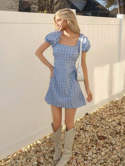 Sydney Algeri 格紋印花後背繫帶泡泡袖洋裝