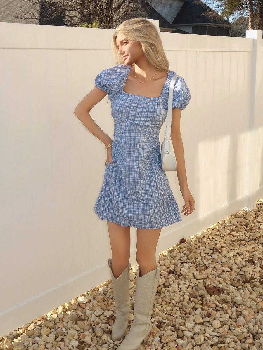 Sydney Algeri 格紋印花後背繫帶泡泡袖洋裝 - 藍白色 - 查看 1