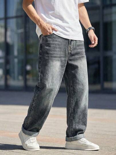 Vintage Distressed Gradient Wash Skinny Fit Stretch Denim Jeans For Teenage Boys, Casual Street Style Recommended Streetwear Jeans Vintage Wash Jeans