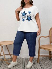 EMERY ROSE Casual Nautical Style Blue Star & Letter Print Plus Size 2 Pieces Set, Suitable For Summer Vacation - Multicolor - View 4
