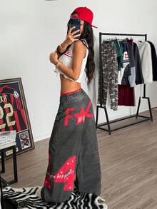SHEIN ICON 女士休闲水洗数码印花宽松阔腿牛仔裤 - 黑色 - 查看 3