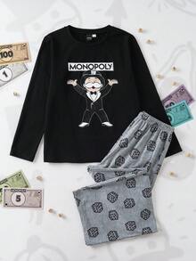 MONOPOLY X SHEIN Tween Boy Letter & Cartoon Print Crew Neck Loungewear Set With Pants, Casual Daily Sleepwear - Black - View 1