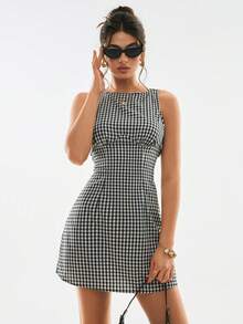 Poéselle 女士夏季休闲格子露背无袖迷你连衣裙 - 黑與白 - 查看 2