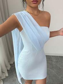 Elenzga Vestido ajustado de un solo hombro con textura elegante y romántico para mujer, de verano - Azul - Ver 1