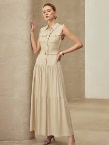 MOTF PREMIUM LINEN BLEND UTILITY POCKET LAYERED MAXI SHIRT DRESS, VINTAGE STYLE, SPRING/SUMMER - Khaki - View 7