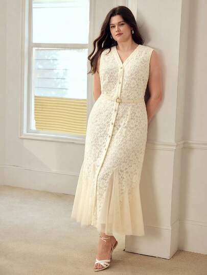 MOTF PREMIUM PLUS SIZE WOMEN'S ELEGANT MESH PATCHWORK DRESS, SPRING/SUMMER