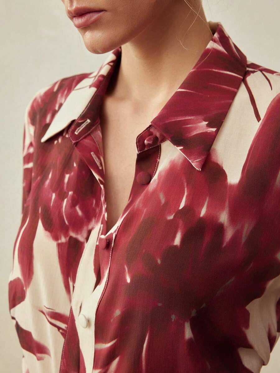 MOTF PREMIUM LINEN MINIMALIST FLORAL PRINT FITTED SHIRT, SPRING/SUMMER - Burgundy - View 2