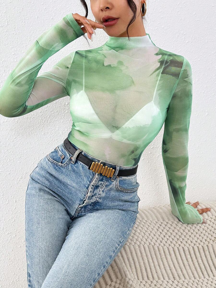 SHEIN Clasi Áo kiểu nữ thời trang gợi cảm in họa tiết tie-dye, cổ đứng, chất liệu xuyên thấu. - Màu xanh Cadet - Xem 1