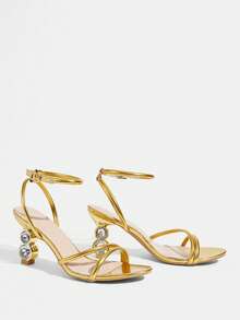 CUCCOO TILAWA Women Shoes Classic Simple, Fashionable Women's High-Heeled Sandals Strap Combination Big Shiny Rhinestone Heterosexual High-Heeled Sandals Dating Afternoon Tea Banquet Party Sexy Wear - Gold - View 12