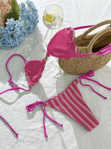 Swim SXY Women's Blue & White Striped Jacquard Fabric Spaghetti Strap Metal Decor Bikini Set, Spring/Summer - Hot Pink - View 5