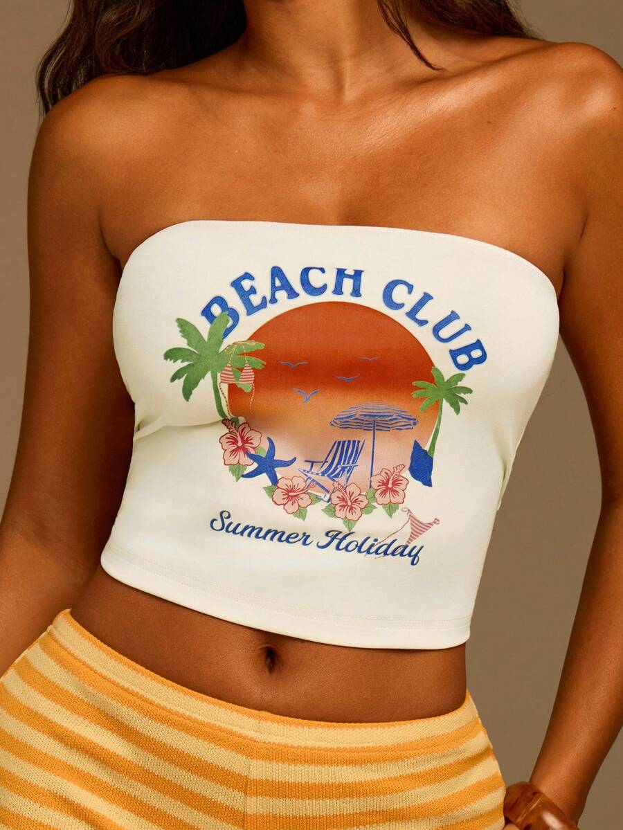 Athîral Top corto bandeau con estampado tropical casual de vacaciones para mujer - Beis - Ver 1