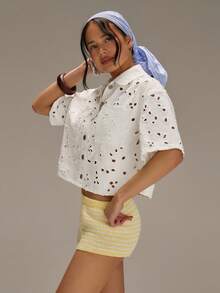 Athîral Women's Hollow Embroidered Short Sleeve Single-Breasted Pocket Denim Blouse - White - View 5