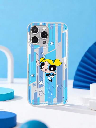 THE POWERPUFF GIRLS X SHEIN 飞天小女警泡泡手机壳，透明软TPU保护套，蓝色条纹星形印花，可爱卡通飞行设计，防震保护套，日常使用及生日礼物，适合女孩和卡通迷，兼容iPhone和Galaxy手机壳，兼容iPhone 11/12/13/14/15/16/17 Pro Max和Galaxy S24 Ultra/S25 Ultra/A16/A17/S26/S26 Ultra，手机配件，快速发货