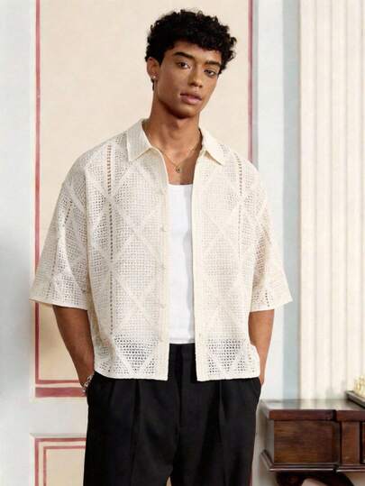 SWAVVY Men's Casual Solid Color Diamond Pattern Short Sleeve Knit Top, Summer