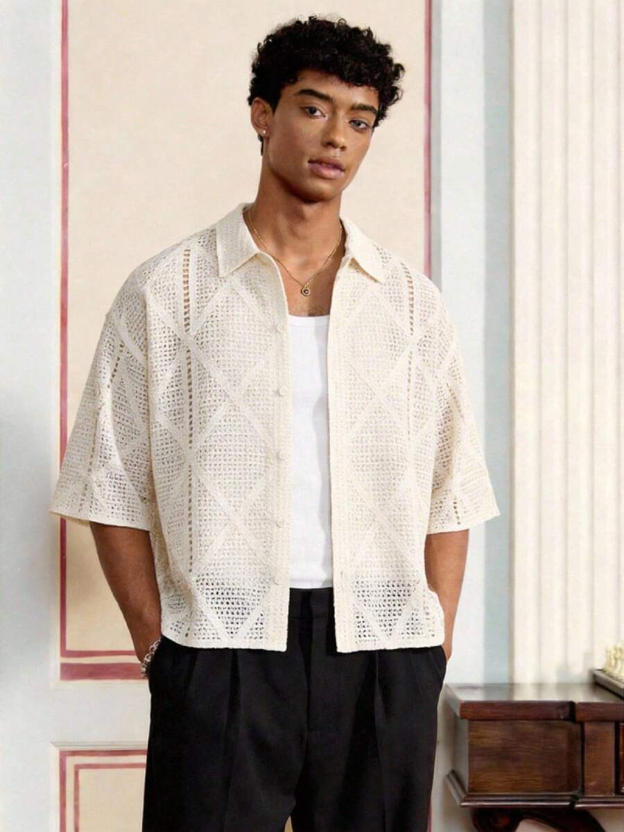 SWAVVY Top tricoté à manches courtes, motif diamant de couleur unie, décontracté, pour l'été - Beige - Voir 1