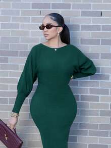 Melissa Matos 燈籠袖毛衣洋裝 - 墨綠色 - 查看 3