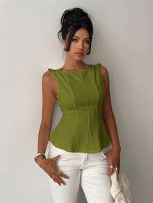 Aloruh 女士优雅简约无袖通勤衬衫 - 綠色 - 查看 5