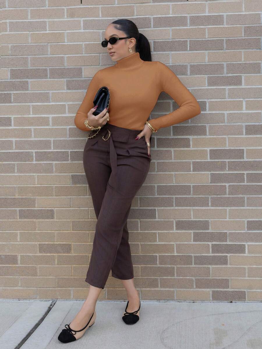 Melissa Matos 高领保暖内衬修身保暖长袖套头衫,适合秋冬季,长袖上衣 - 薑色 - 查看 1