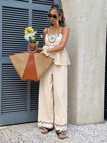 Serisse 女士印花褶皱吊带背心和阔腿裤休闲两件套 - 杏色 - 查看 6