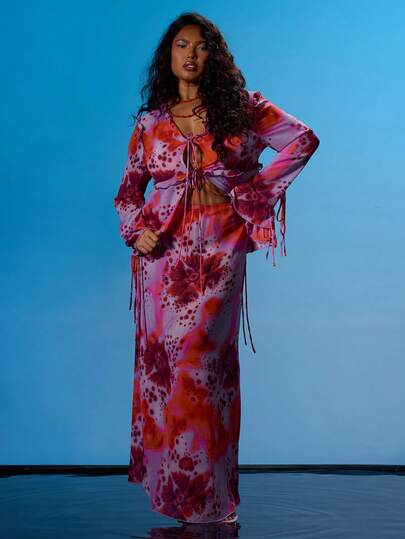 MUSERA Plus Size Floral Print Chiffon Low Rise Straight Fit Maxi Skirt Spring Summer Vacation Holiday Beach Y2k Ibiza Cute Sexy Party Festival Wedding Guest Tropical Fever