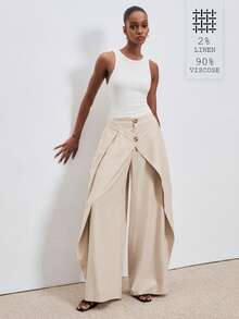 ATUI Studio Women's 90% Viscose 2% Linen Blend High Waist Straight Leg Pants – Ribbed Knit Trousers, Summer Casual Daily Wear 2026 - Apricot - View 2