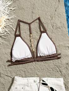 Swim Vcay Women's Summer Beach Solid Color Halter Tie Sexy Bikini Top - Coffee Brown - View 3