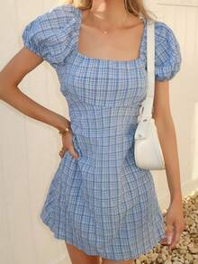 Sydney Algeri 格紋印花後背繫帶泡泡袖洋裝 - 藍白色 - 查看 3