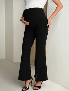 MaterniChic Pregnant Women's Solid Color Slit Hem Elegant Flare Leg Pants Summer - Black - View 5