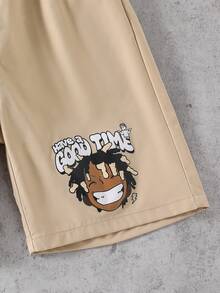 SHEIN Coolqubz 两件套青少年男童卡通人物字母印花时尚短袖T恤和紫色短裤，适合日常穿着和休闲活动 - 卡其色 - 查看 8