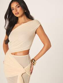 MISSGUIDED 露肩褶皱长款连衣裙，腰部镂空设计，不对称垂褶，适合特殊场合 - 芥末黃 - 查看 5