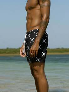 Manfinity Swimmode 男士印花休闲运动沙滩短裤 - 黑色 - 查看 3