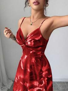 Elenzga Đầm dự tiệc/hẹn hò thanh lịch, chất liệu vải dệt hoa mới, dây mảnh, có thể điều chỉnh phần ngực, thiết kế xoắn, hở lưng, xẻ tà, ôm eo, thích hợp cho nữ. - Đỏ - Xem 4