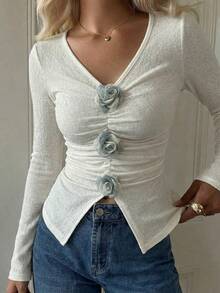 Modelyn 女士杏色针织3D立体花卉长袖收腰褶皱修身T恤 - 杏色 - 查看 1