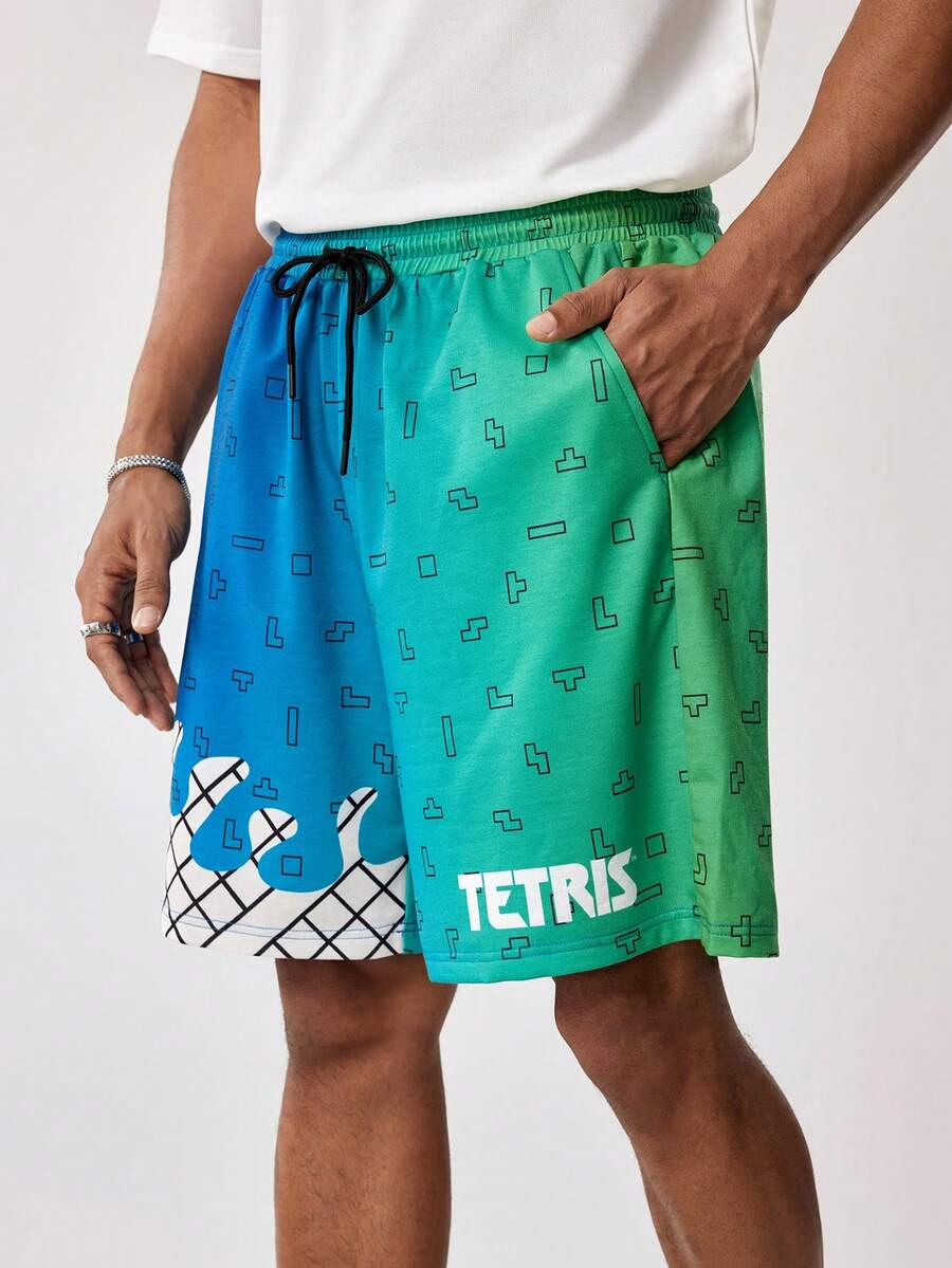 Tetris™ X SHEIN Men's Drawstring Waist Pocket Letter All-Over Print Casual Versatile Daily Wear Shorts - Green - View 1