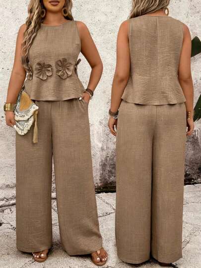 Breezaya Plus Size Round Neck Sleeveless Cropped Floral Top And Loose Fit Pants 2 Pieces Set