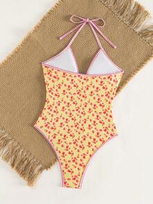 Swim Mod 2026 New Women's Summer Beach Vacation Plaid Floral Print Spaghetti Strap Hollow Back Sexy High Cut One-Piece Swimsuit - Multicolor - View 2