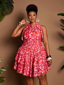Maweii Rochie mini elegantă de damă cu imprimeu digital, mâneci cu volane, talie strânsă, linie A, mărime plus - Multicolor - Vizualizare 2