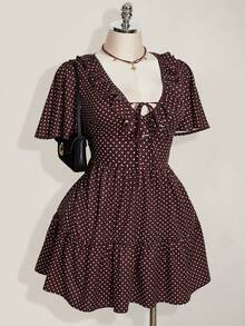 SHEIN ICON 大码女装春夏复古性感优雅通勤休闲日常V领荷叶边波点棕色宽松连衣裙复古波点连衣裙 - 棕色 - 查看 1