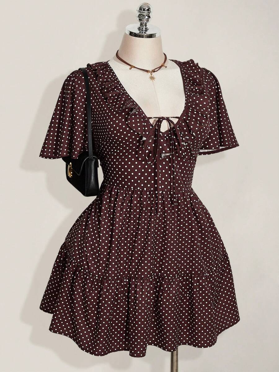 SHEIN ICON 大码女装春夏复古性感优雅通勤休闲日常V领荷叶边波点棕色宽松连衣裙复古波点连衣裙 - 棕色 - 查看 1
