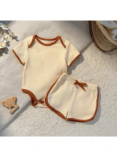 Loomiva Newborn Baby Girl Colorblock Knit Soft Round Neck Short Sleeve Romper & Elastic Waist Pants 2pcs Set