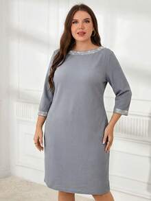 EMERY ROSE Plus Size Elegant Rhinestone Embellished Round Neck 3/4 Sleeve Dress, Summer - Blue - View 3