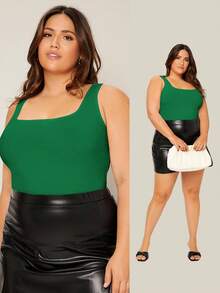 EMERY ROSE Camiseta de tirantes de verano de talla grande con cuello cuadrado y ajustada de unicolor - Verde - Ver 1