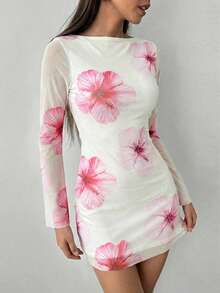 Aloruh Women's Sexy Fashionable Open Back Tie-Up Batik Print Long Sleeve Bodycon Mini Dress - Baby Pink - View 6