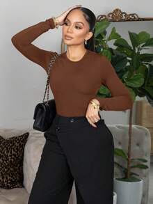 Melissa Matos Solid Slim Fit Spring Women Bodysuit ,Petite Women - Brown - View 3