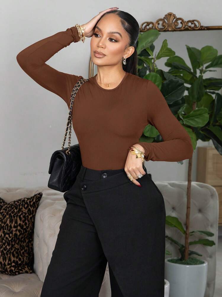Melissa Matos Solid Slim Fit Spring Women Bodysuit - Brown - View 3