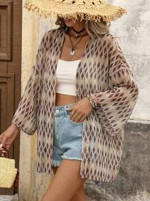 Brillora 女士时尚休闲优雅浪漫度假印花泳衣罩衫，柔软舒适面料 - 棕色 - 查看 7