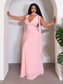 Slaydiva 春夏新款优雅性感无袖系带露肩深V领收腰连衣裙，喇叭裙摆，轻盈雪纺面料，大码 - 淺粉色 - 查看 8