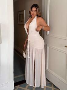 Maria Perezxox Sexy minimalistisches einfarbiges gelb-cremefarbenes Maxikleid mit tiefem V-Ausschnitt, Neckholder, körperbetonter Raffung, geeignet für Party, Cocktail, formelle Anlässe, Brautjungfer, Geburtstag, Weihnachten, Business-Casual, elegantes Damenkleid - Aprikosenfarben - Übersicht 3