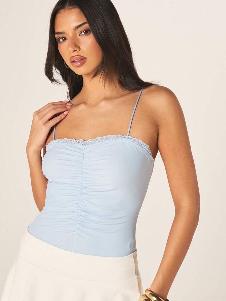 MISSGUIDED Slinky Ruched Lace Trim Cami Bodysuit With Adjustable Straps And Fitted Silhouette For Date Night